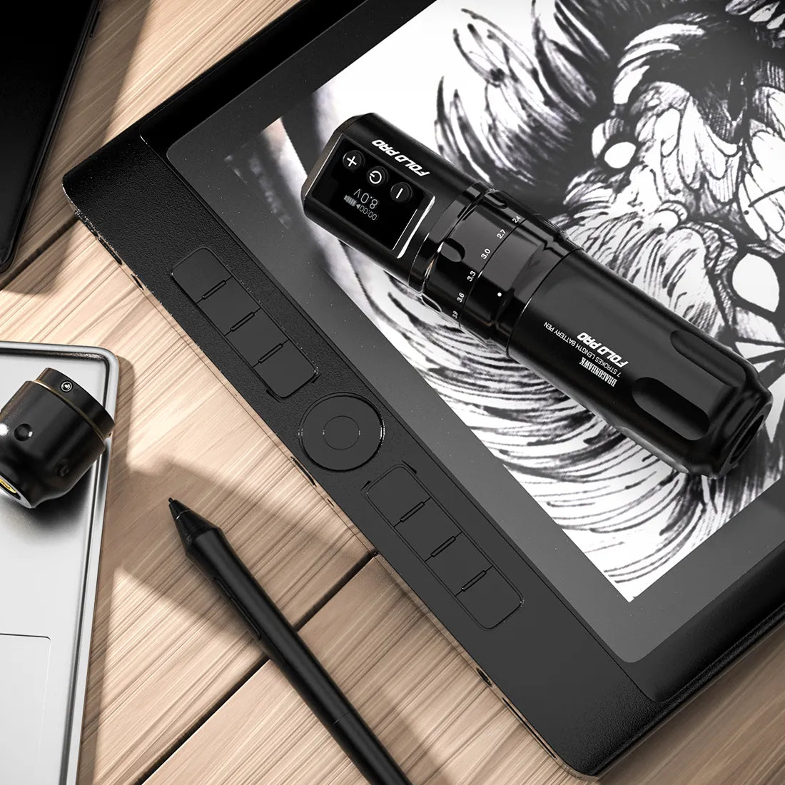 Dragonhawk Wireless Tattoo Pen Machine with 7 Stroke Length | Two Batteries | Fold Pro
