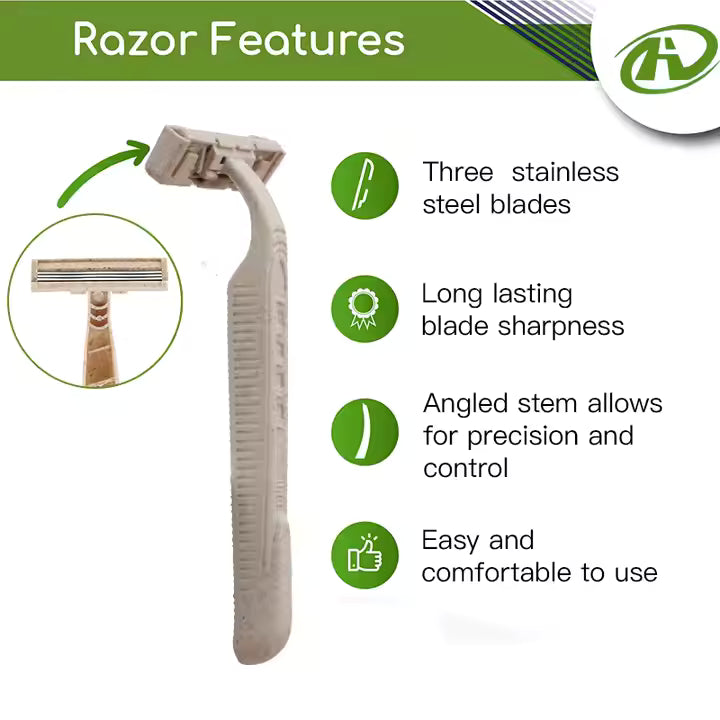 Eco Friendly Razors with 3 Blades - Biodegradable Wheat Straw Material - 8pcs
