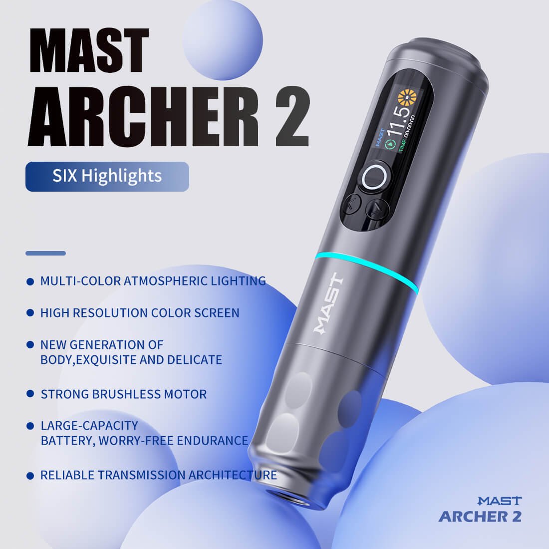 Dragonhawk Wireless Tattoo Pen Machine with 3.5MM Stroke Brushless Motor Color Screen - Gray | Mast Archer 2